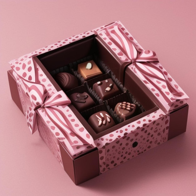 une boîte de chocolats avec un motif rose et blanc