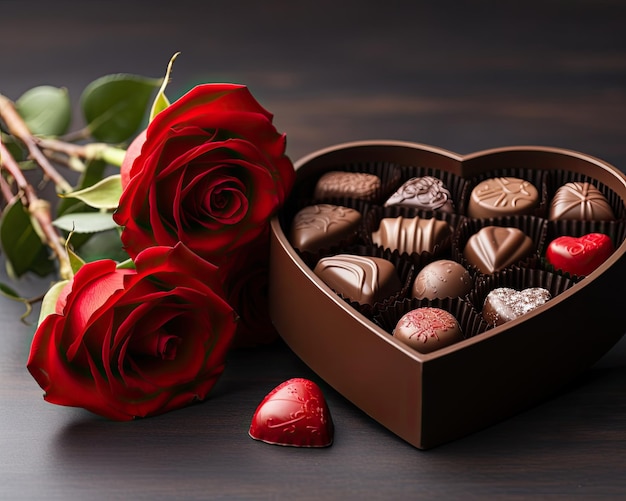 une boîte de chocolats et de roses