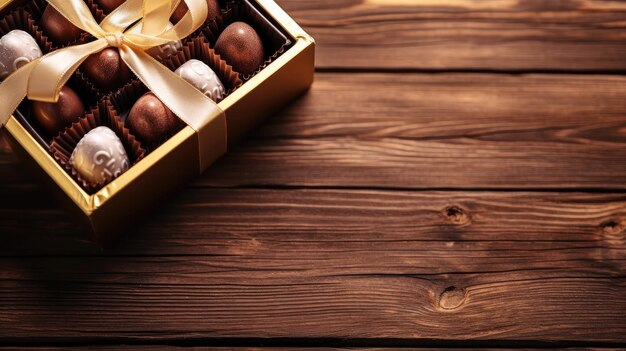 Une boîte de chocolats sur une table en bois