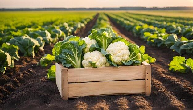 Photo une boîte de chou-fleur est dans un champ