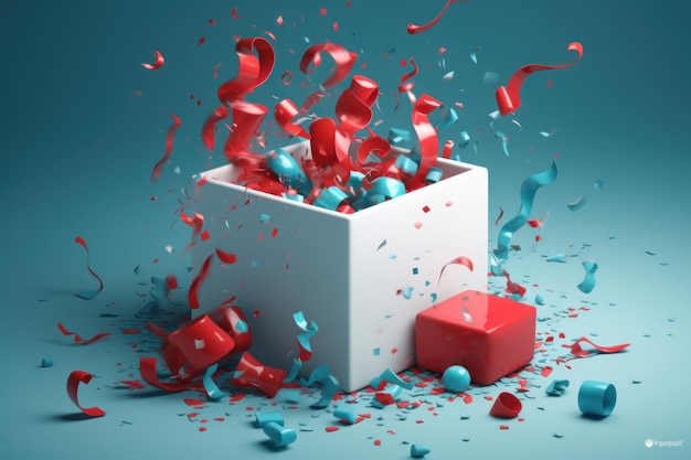 Une boîte avec des confettis rouges et bleus et une boîte rouge