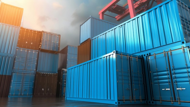 Boîte à conteneurs bleue de pile navire de fret pour la logistique d'importation et d'exportation rendu 3D