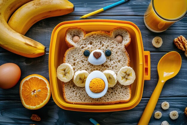 Boîte à déjeuner pour enfants avec sandwichs d'ours, œufs d'abeille, fruits, vue de retour à l'école