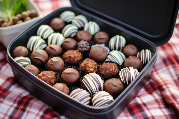 Une boîte à déjeuner remplie de truffes au chocolat faites maison nichées dans des mini-cupcakes.