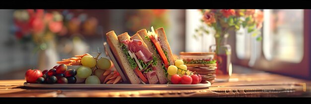 Photo une boîte à déjeuner saine contenant un sandwich, des tranches de jambon de dinde, divers fruits et des bâtonnets de carottes