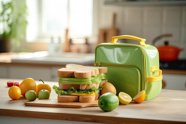 Photo boîte à déjeuner scolaire avec des sandwichs, du jus et un sac à dos sur la table.