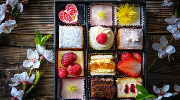 Boîte de desserts assortis avec des fleurs de printemps échantillon de pâtisserie gourmande pour la célébration de Pâques