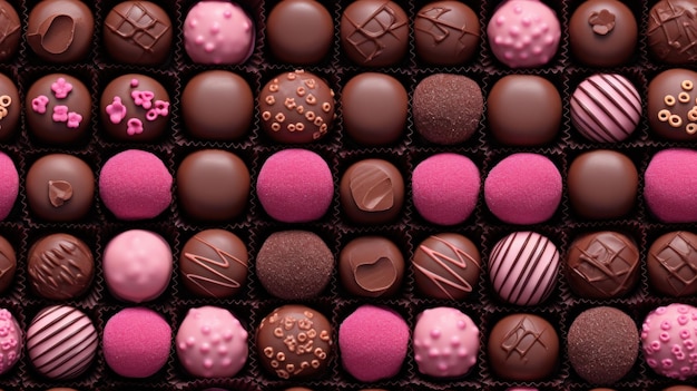 Boîte de différents goûts et couleurs de chocolats pralinés motif de fond sans couture