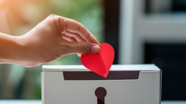 Photo une boîte de don blanche avec une main féminine plaçant un cœur de papier rouge dans sa fente