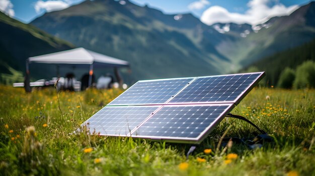 Boîte électrique de voyage solutions innovantes futures montagnes d'énergie solaire portables arrière-plan IA générative