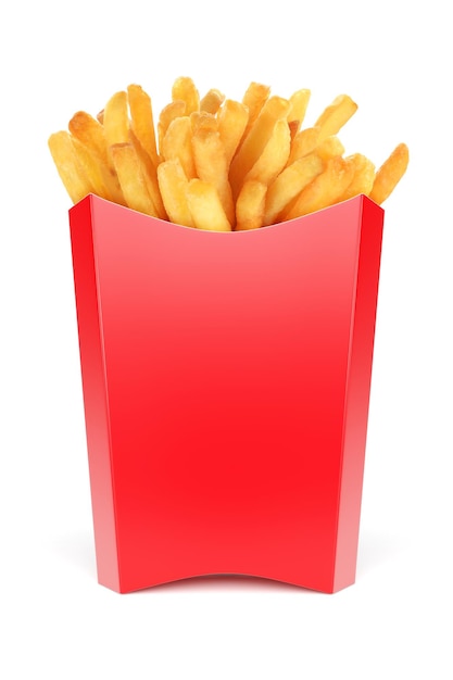 Boîte d'emballage en carton rouge pour frites isolées sur fond blanc illustration et photo de rendu 3D