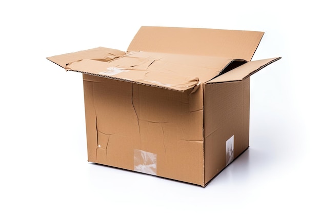 Boîte endommagée Paquet de livraison de papier artisanal isolé Emballage en carton cassé Boîte en carton froissée sur fond blanc Illustration générative d'IA