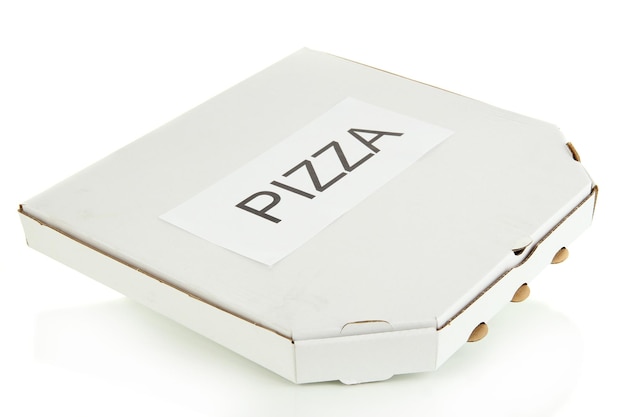 Photo boîte fermée avec pizza isolée sur blanc