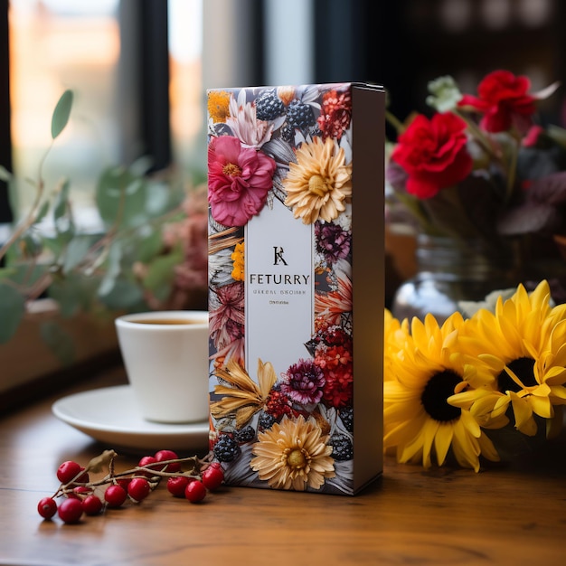 une boîte de fleurs est posée sur une table à côté d'une tasse de café.