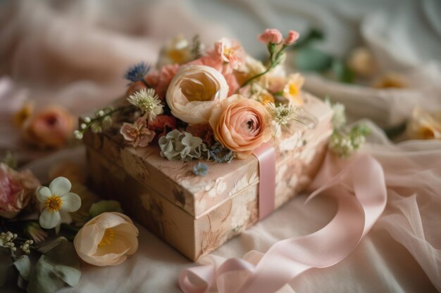 Photo une boîte de fleurs est posée sur une table avec un ruban rose.