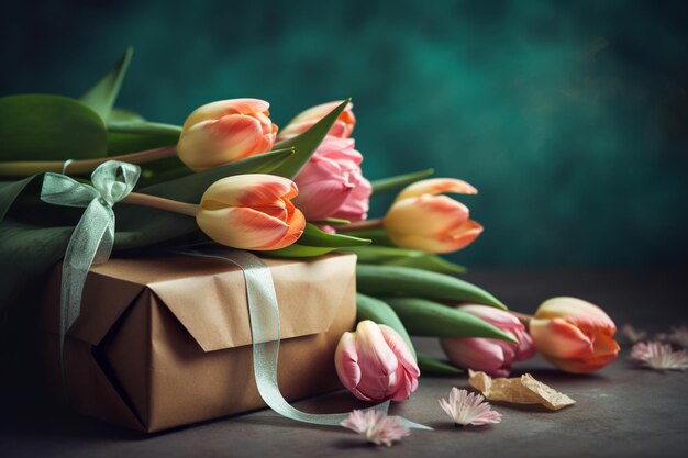 Une boîte de fleurs avec un ruban qui dit tulipes dessus