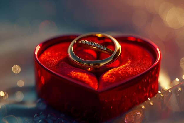 une boîte en forme de cœur avec un anneau d'or dessus