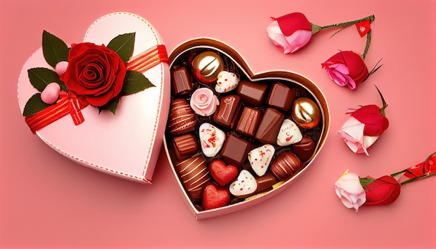 Boîte en forme de coeur avec de délicieuses roses de bonbons au chocolat un