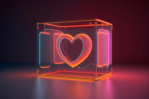 Une boîte en forme de cœur fluo avec un cœur dessus.