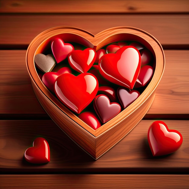 Boîte en forme de cœur pleine de cœurs rouges sur une surface en bois