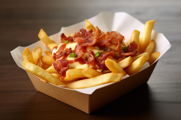 Une boîte de frites avec du fromage et du bacon sur le dessus.