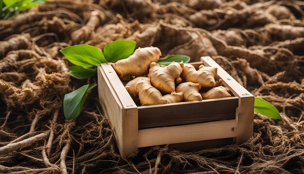 Photo une boîte de gingembre avec des feuilles et une plante au milieu