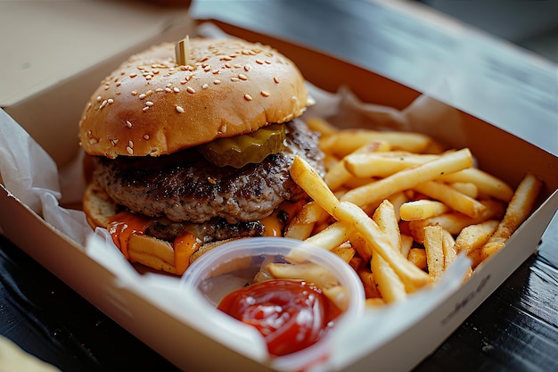Une boîte de hamburgers et de frites