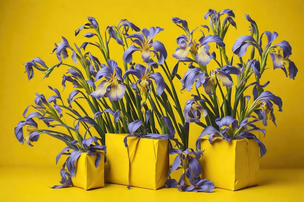 Une boîte jaune avec des iris violets dessus