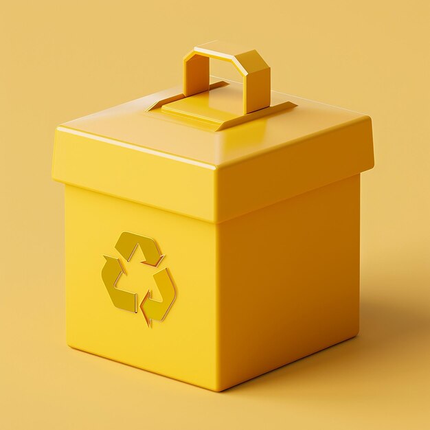 une boîte jaune avec un logo recyclable