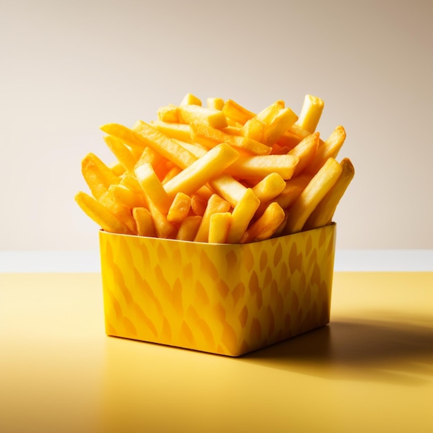 Une boîte jaune tentante contient des frites dorées sur un fond blanc pour les médias sociaux