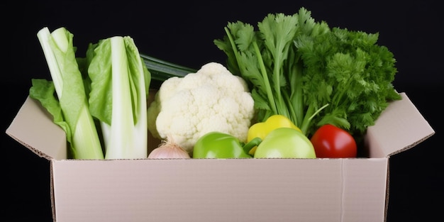 Une boîte de légumes avec un fond noir