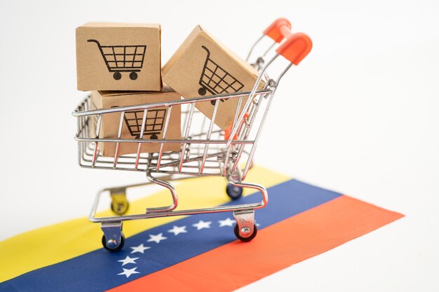 Boîte avec logo du panier et drapeau du Venezuela Import Export