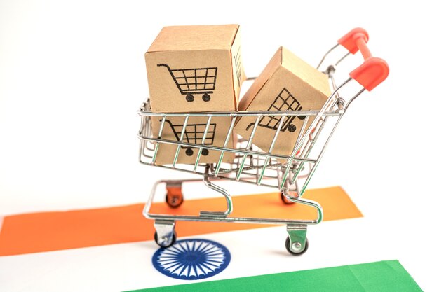 Boîte avec logo du panier et drapeau de l'Inde Import Export Shopping en ligne