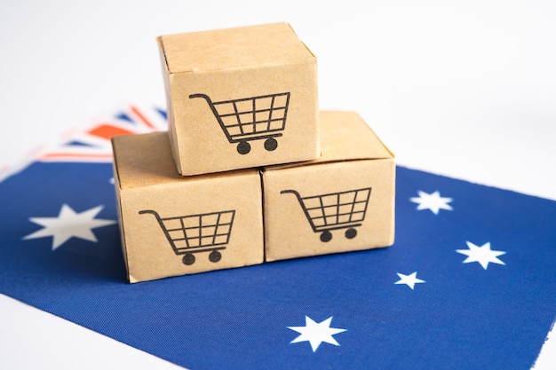 Boîte avec logo de panier et drapeau de l'Australie Import Export Shopping en ligne ou eCommerce finance livraison service magasin produit expédition commerce fournisseur concept