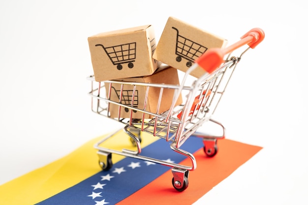 Boîte avec logo de panier et drapeau du venezuela Import Export Shopping en ligne ou eCommerce finance livraison service magasin produit expédition commerce fournisseur concept