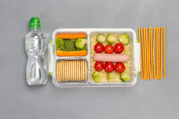 Boîte à lunch avec saucisse, brocoli et tomates, bouteille d'eau et crayons