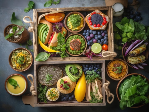 Photo boîte à lunch végétalienne copieuse avec des aliments biologiques et nutritifs