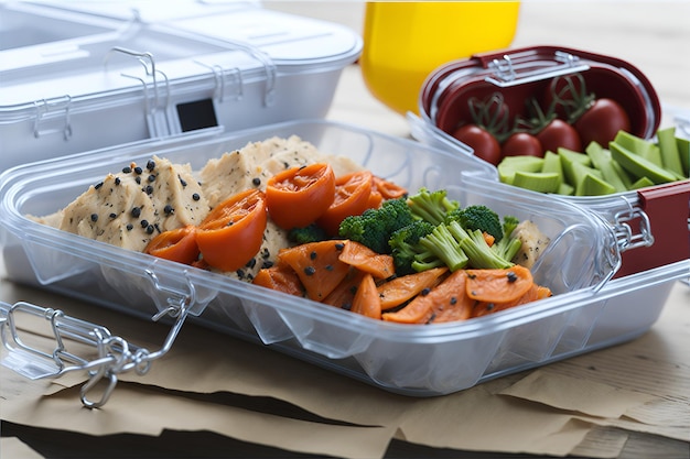 Une boîte à lunch végétalienne avec des couleurs vives et des ingrédients frais véhiculant le concept d'une alimentation saine dans les moindres détails. Générée par l'IA