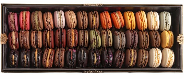 Une boîte de macarons colorés bien disposés présentant une variété de saveurs sur une surface de marbre