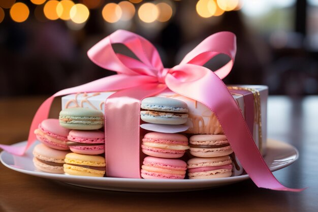 Boîte à macarons liée à une IA générative en ruban de satin