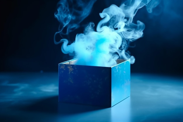 Boîte magique bleue avec de la fumée