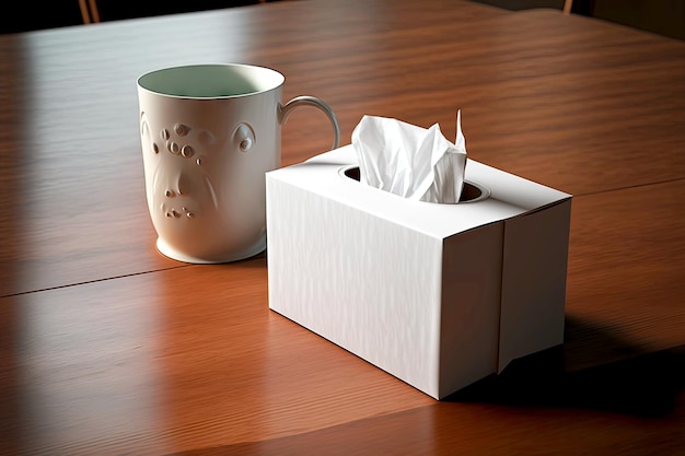 Photo boîte à mouchoirs en carton blanc sur table en bois avec tasse