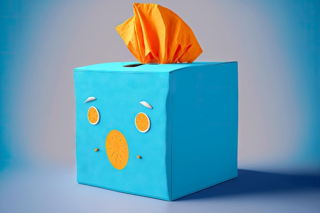 Boîte à mouchoirs en carton bleu avec serviette orange sur fond bleu