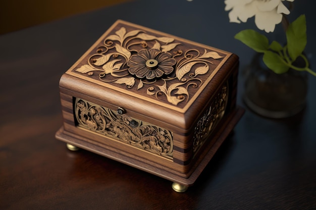 Boîte à musique historique en bois avec des détails floraux sur le dessus créée avec une IA générative