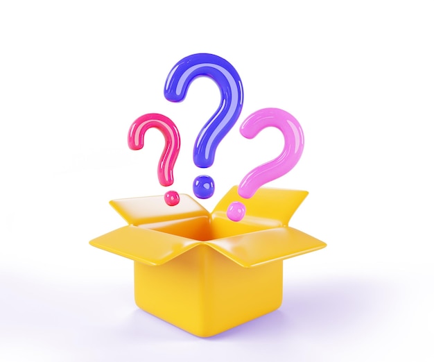Boîte mystérieuse 3D avec des points d'interrogation de couleur icône de rendu Package de carton ouvert cadeau secret avec surprise Concept de prix de colis inconnu ou présent avec des signes de FAQ sur fond blanc