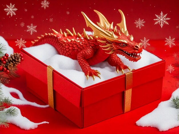 Photo boîte de noël rouge avec un dragon de neige sur un fond rouge