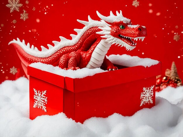 Photo boîte de noël rouge avec un dragon de neige sur un fond rouge