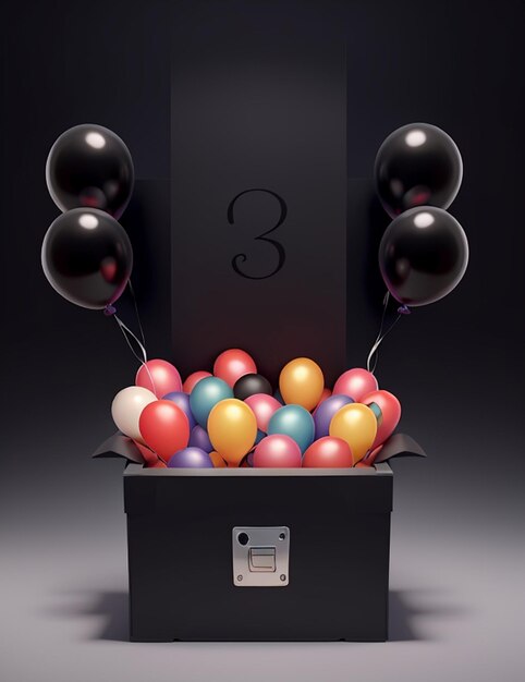 Une boîte noire dans le Black Friday avec un tas de ballons dessus avec une boîte cadeau