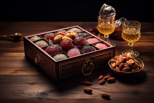 une boîte de noix et d'amandes est posée sur une table en bois