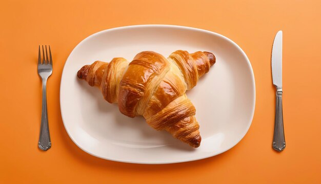 Boîte à nourriture Croissant français fraîchement cuit sur une assiette Fond orange